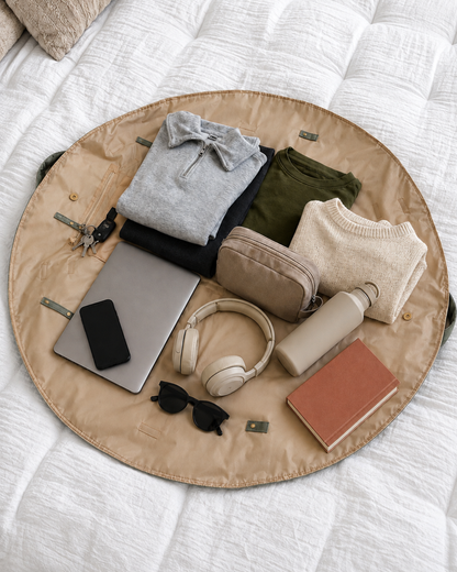 The KESTO Bag opened flat as a round beige travel organizer pad laid flat on a white quilted bed, holding folded clothing, a laptop, headphones, sunglasses, a phone, a pouch, a bottle, and a notebook.